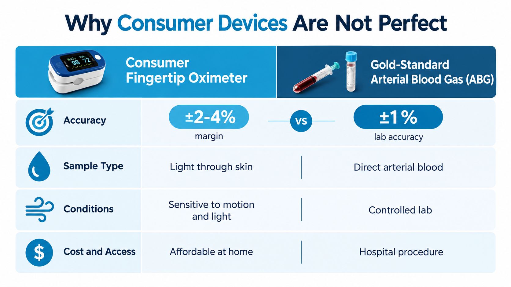A comparison chart showing why consumer fingertip oximeters are less accurate than professional arterial blood gas tests.