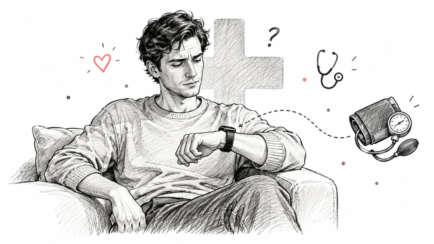 A man wearing a smartwatch looks concerned about his health, representing blood pressure monitoring technology.