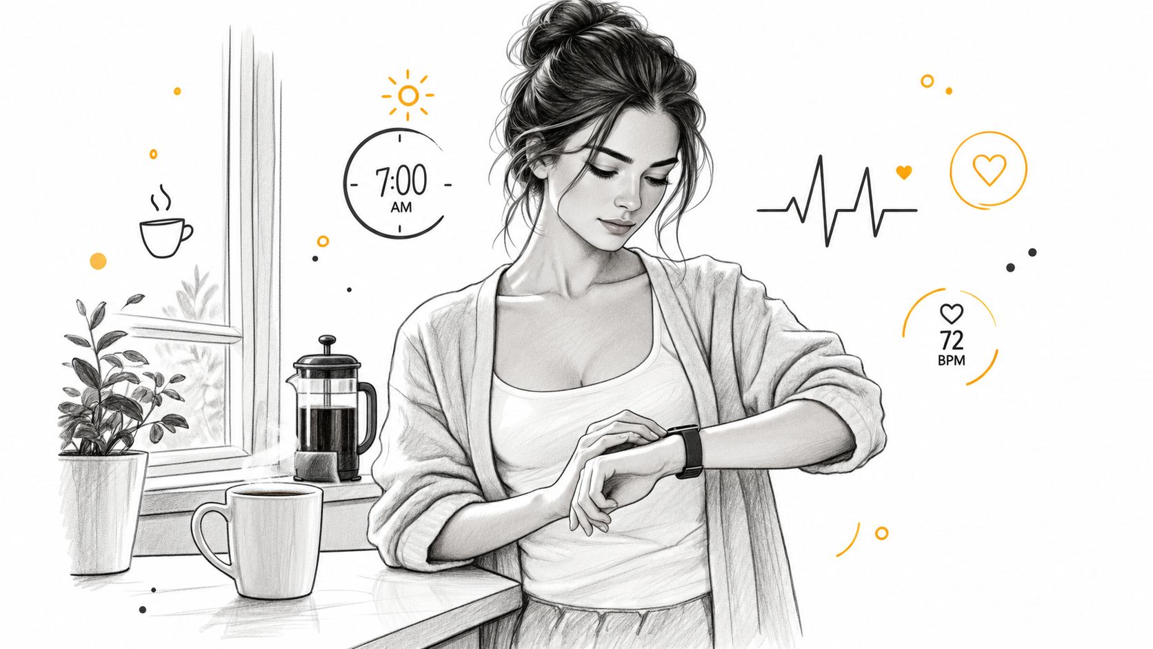 A woman checking her heart rate on a smartwatch while drinking coffee in the morning.
