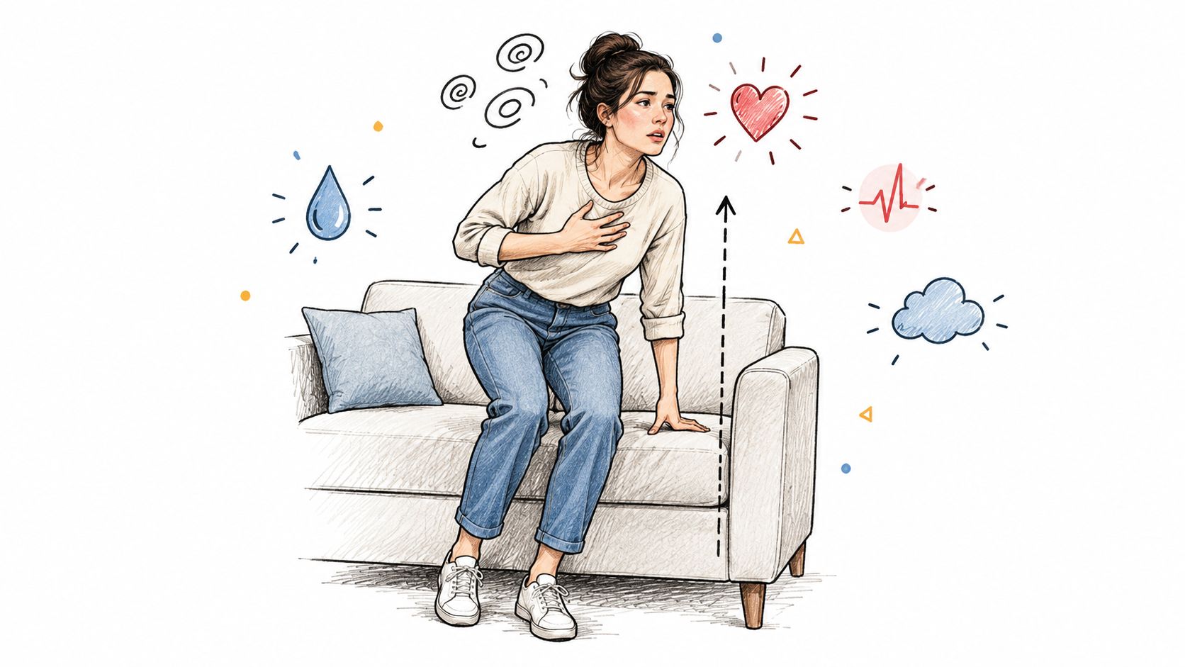 A woman sitting on a couch feeling dizzy and lightheaded, depicting symptoms of postural orthostatic tachycardia syndrome.