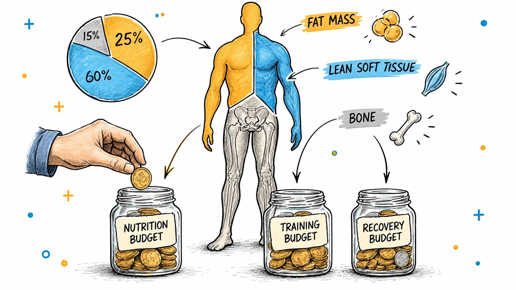 An infographic illustrating body composition percentages alongside three jars representing nutrition, training, and recovery budgets.