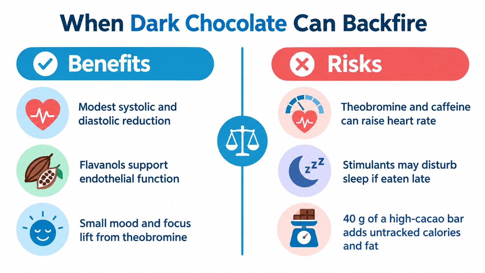 A visual comparison infographic outlining the health benefits and potential risks of consuming dark chocolate.