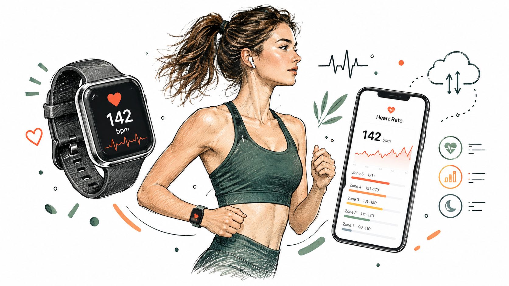 An illustration of a woman running while wearing a smartwatch and checking heart rate data on smartphone.