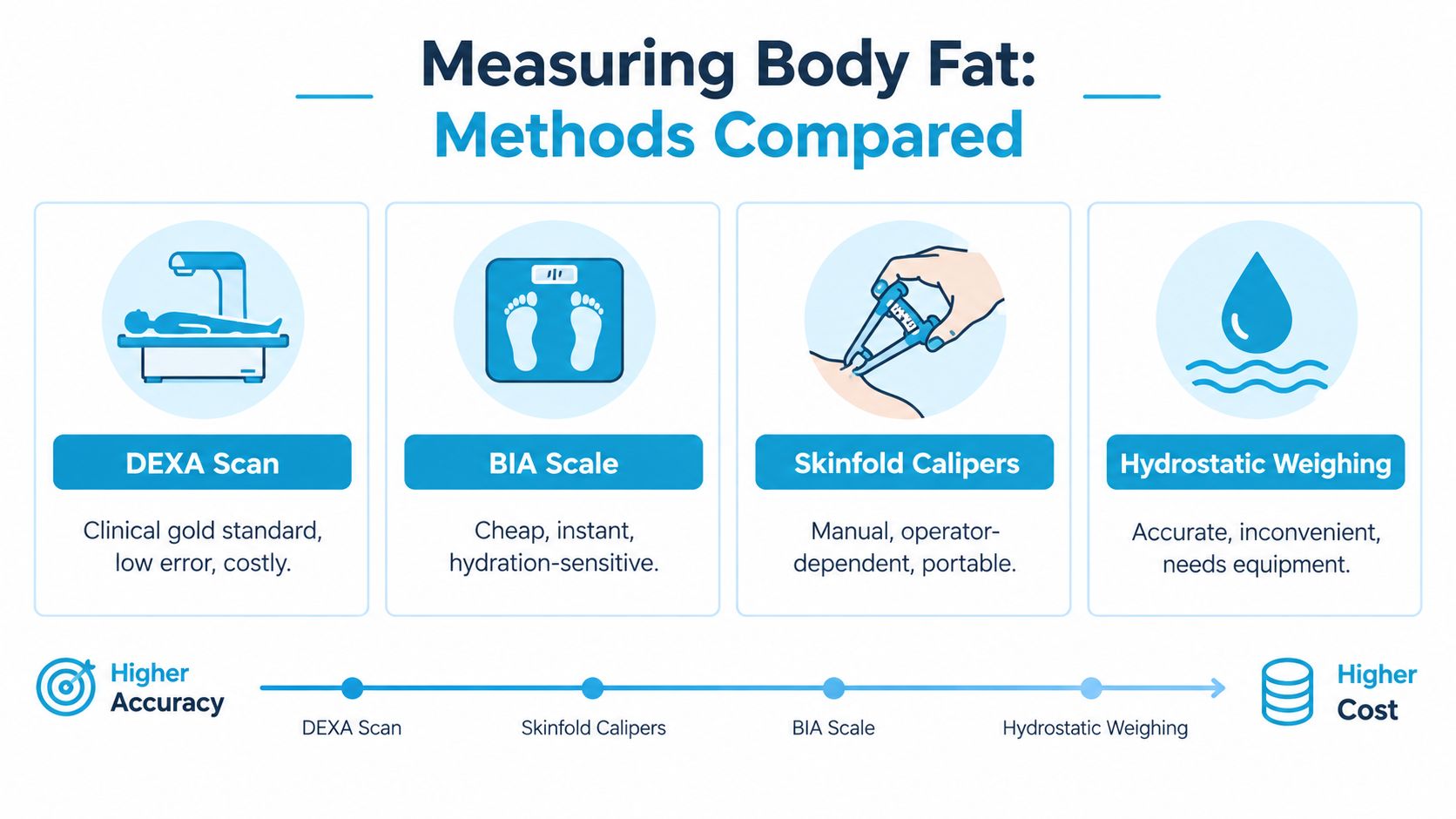 A comparison chart showing four body fat measurement methods: DEXA scan, BIA scale, skinfold calipers, and hydrostatic weighing.