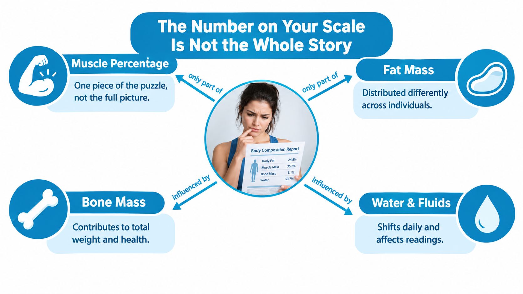 A diagram explaining that body weight is comprised of muscle percentage, fat mass, bone mass, and water levels.