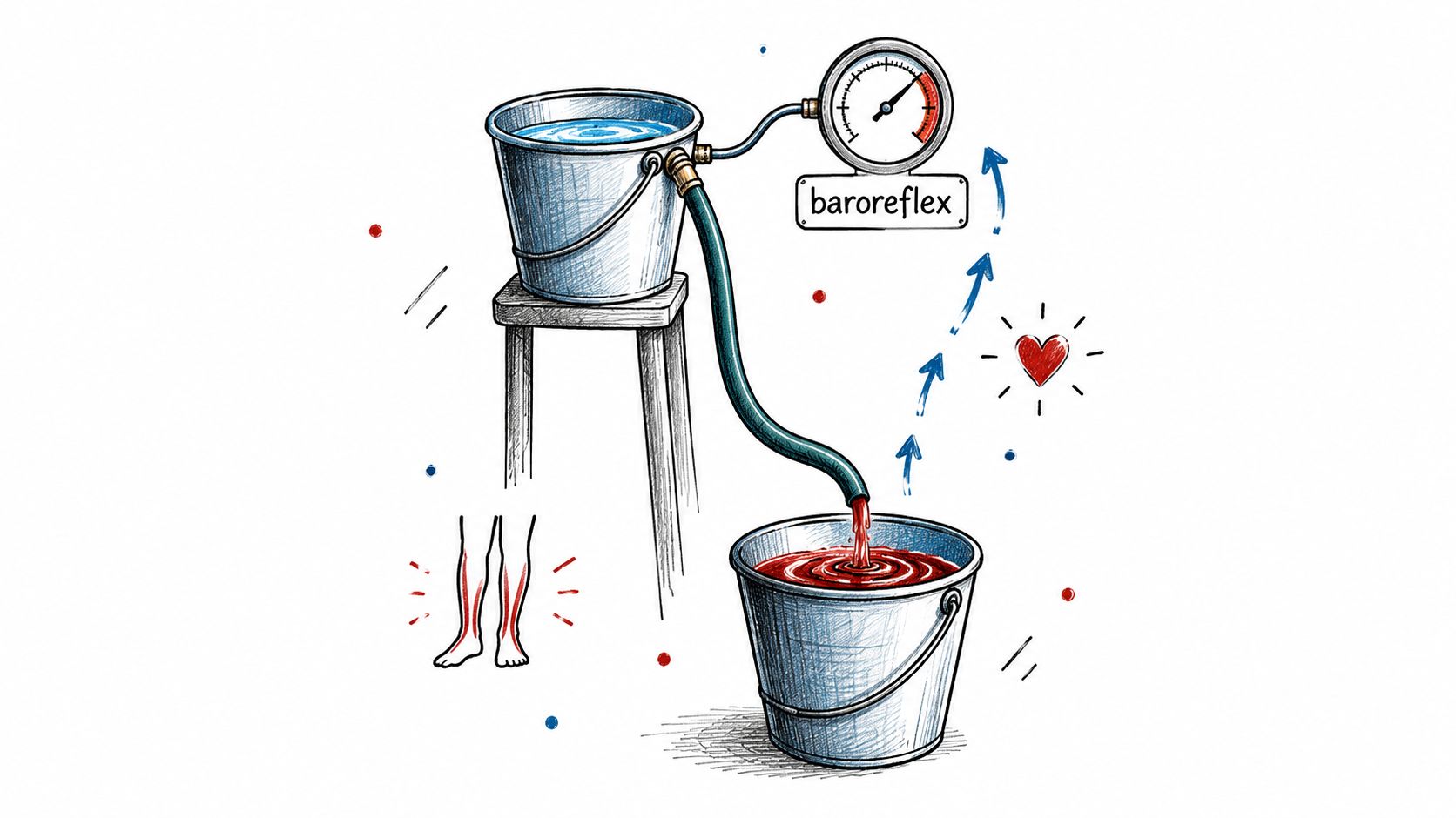 An illustration showing a bucket on a stool and a pressure gauge representing baroreflex mechanisms during standing.