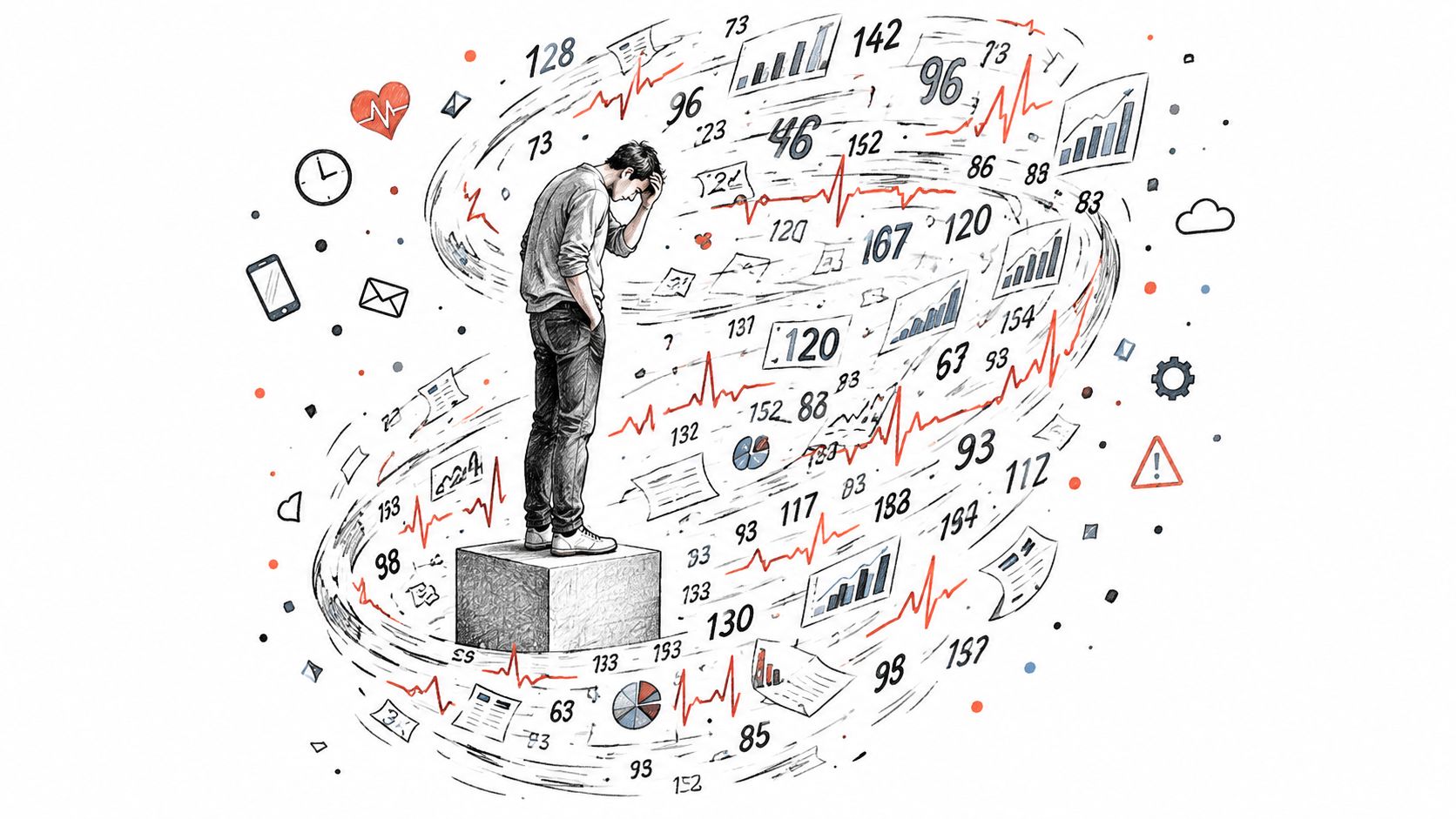 A person standing on a block surrounded by swirling medical data, charts, numbers, and stress-related icons.
