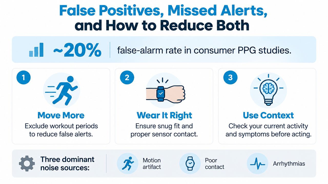 An infographic showing ways to reduce false positives and missed heart rate alerts from wearable devices.