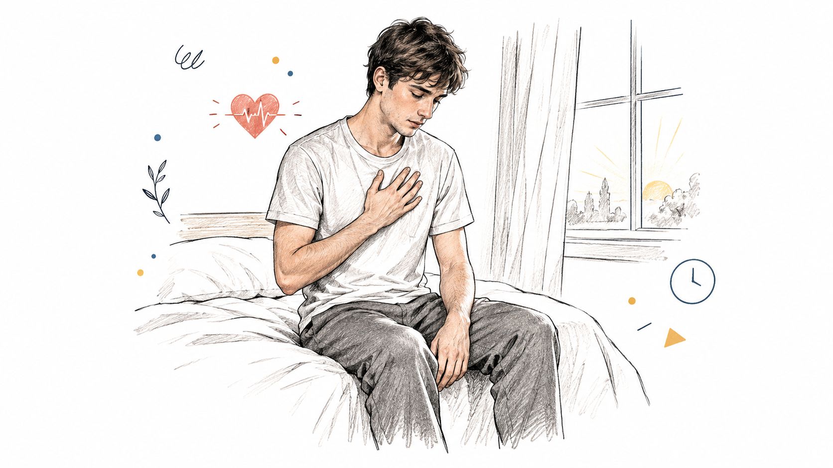 A pencil sketch of a young man sitting on a bed clutching his chest, symbolizing heart palpitations.