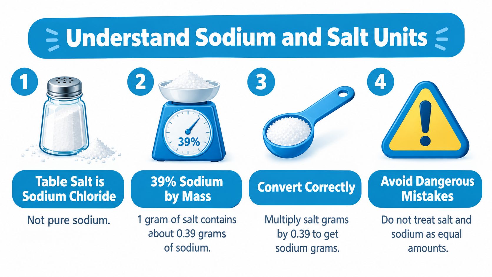 An infographic explaining the difference between table salt and sodium content using four simple educational steps.