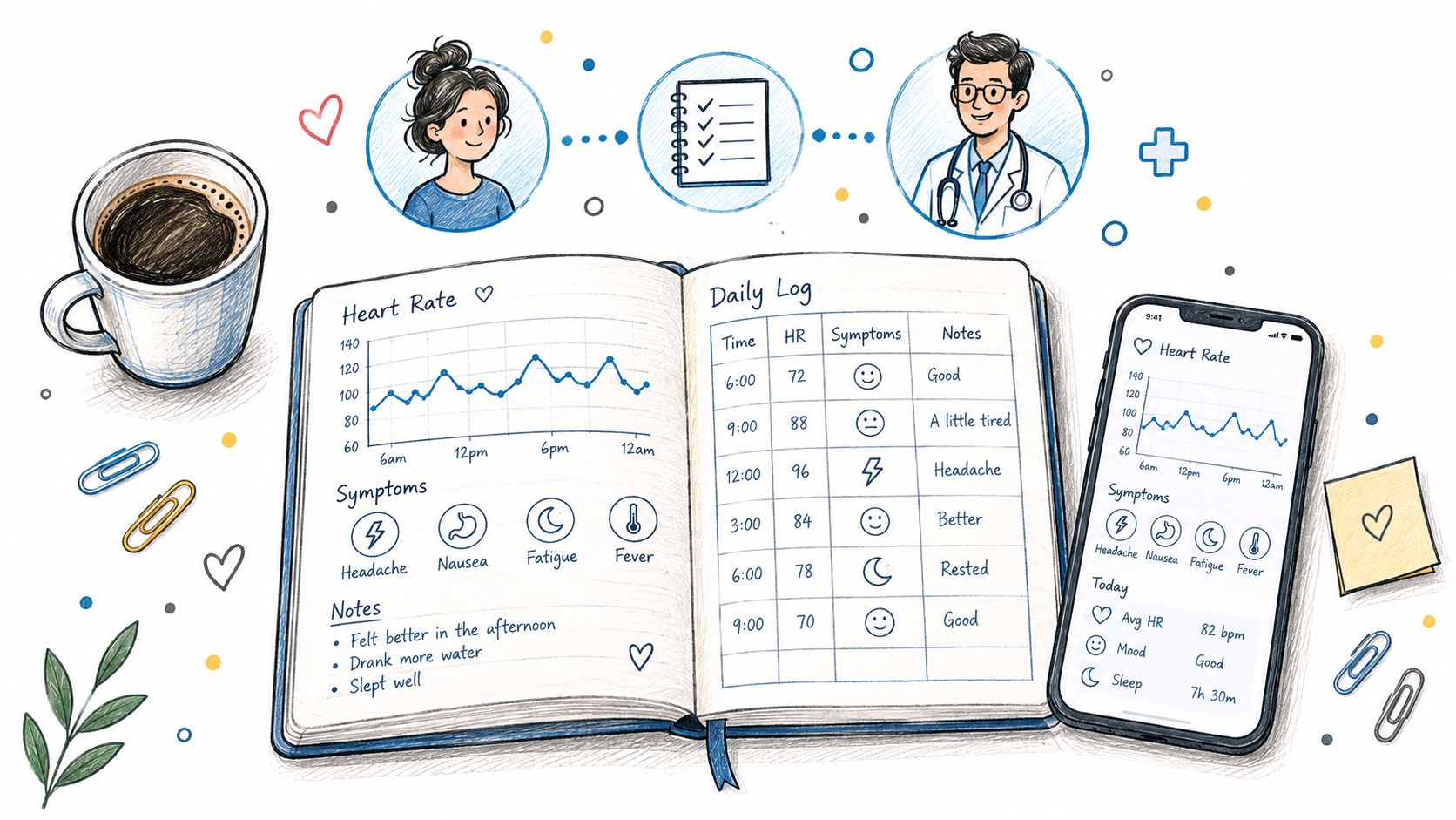 A hand-drawn illustration showing a health tracking notebook and smartphone app to manage heart rate and symptoms.