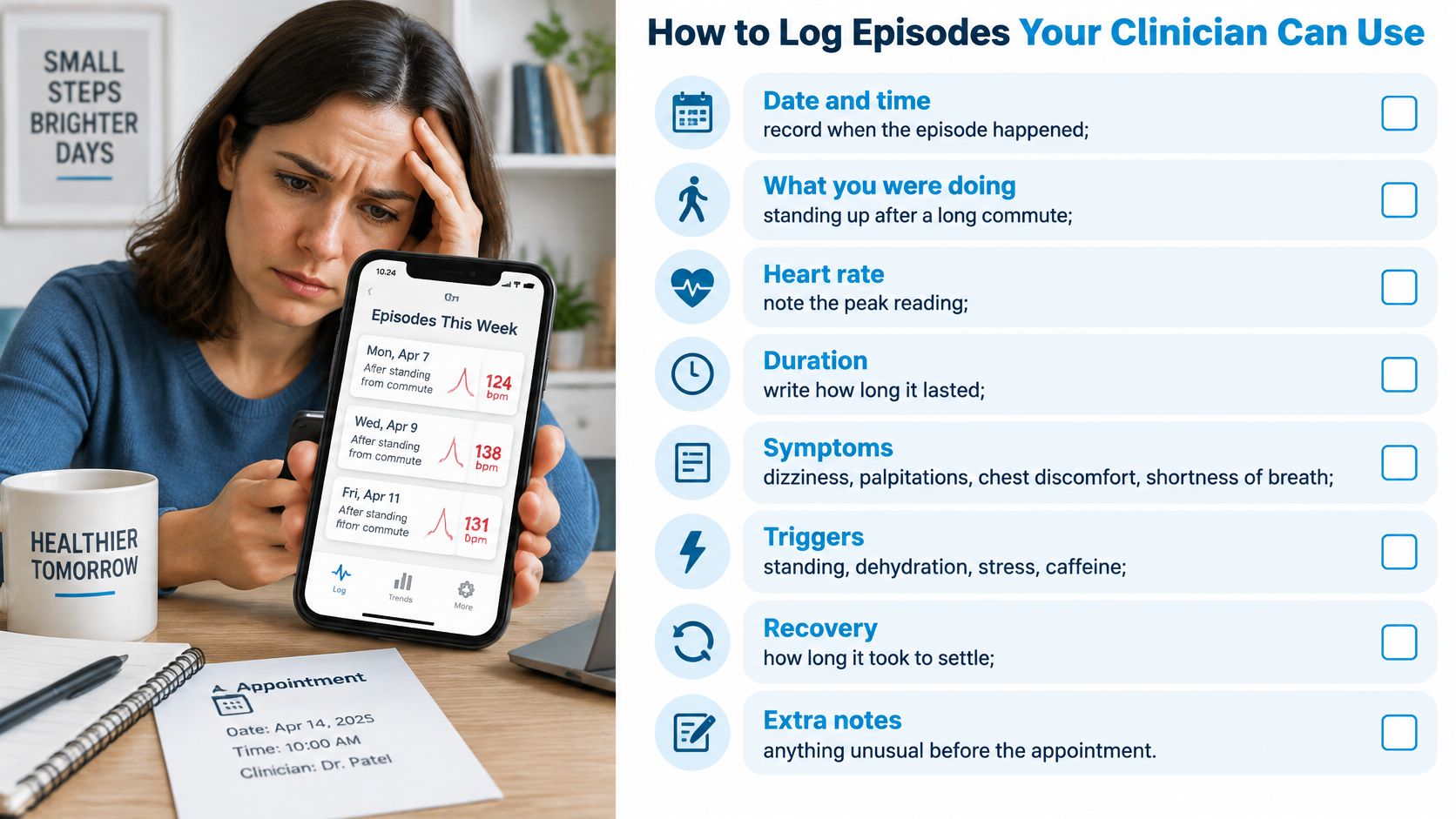 A woman holding a phone showing heart rate data logs alongside a guide on tracking symptoms.