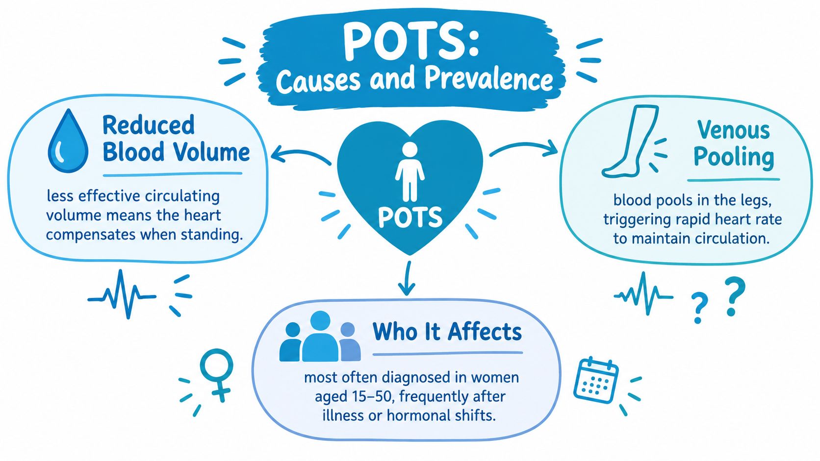 A diagram illustrating the causes and prevalence of Postural Orthostatic Tachycardia Syndrome (POTS), including blood volume and demographics.