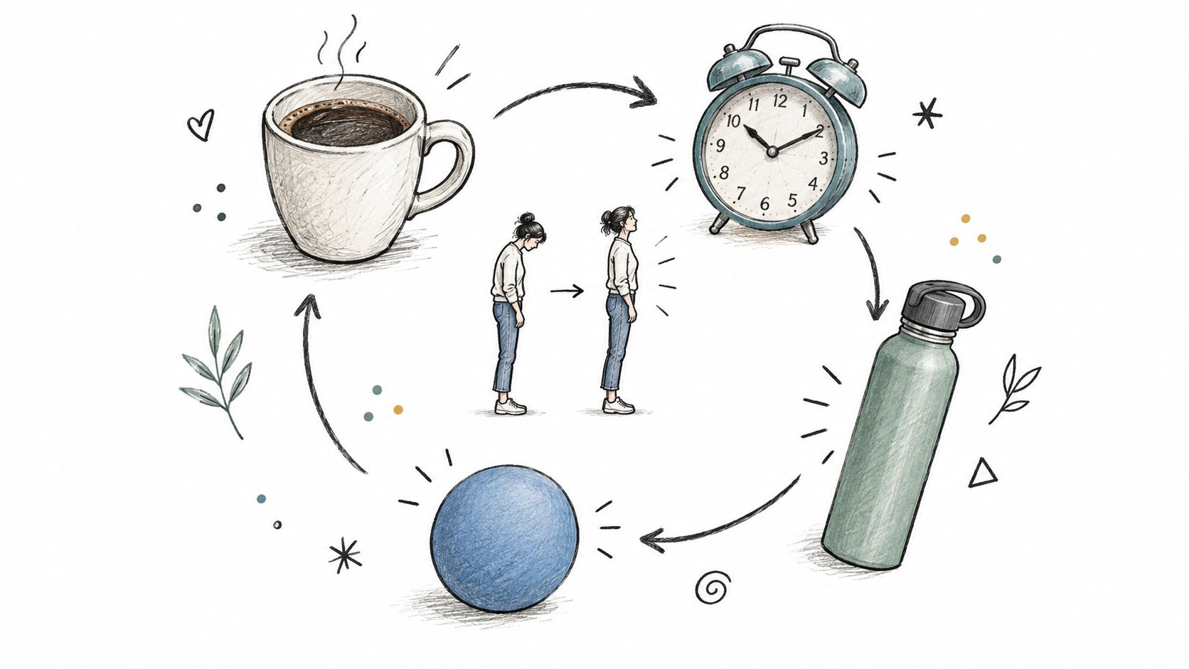 A conceptual diagram showing a cycle of daily habits including coffee, waking up, hydration, and exercise.