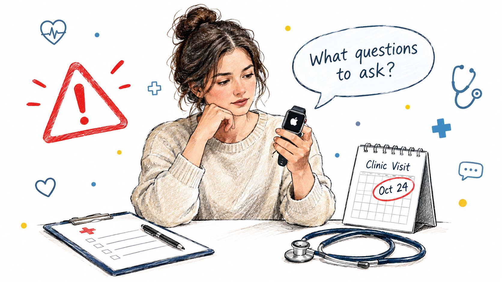 A woman looks at her Apple Watch while preparing notes for an upcoming medical clinic visit appointment.