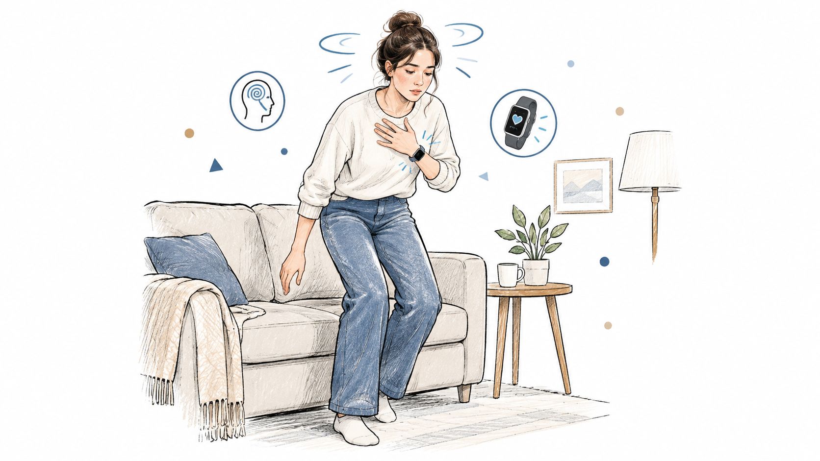 A woman standing up from a couch feeling dizzy while wearing a heart rate monitoring smartwatch.