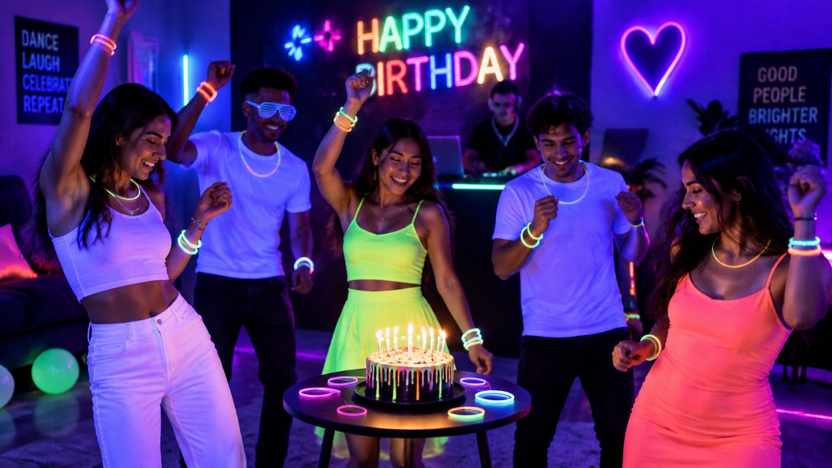 A group of friends having fun and dancing at a vibrant neon-lit birthday party with glow accessories.