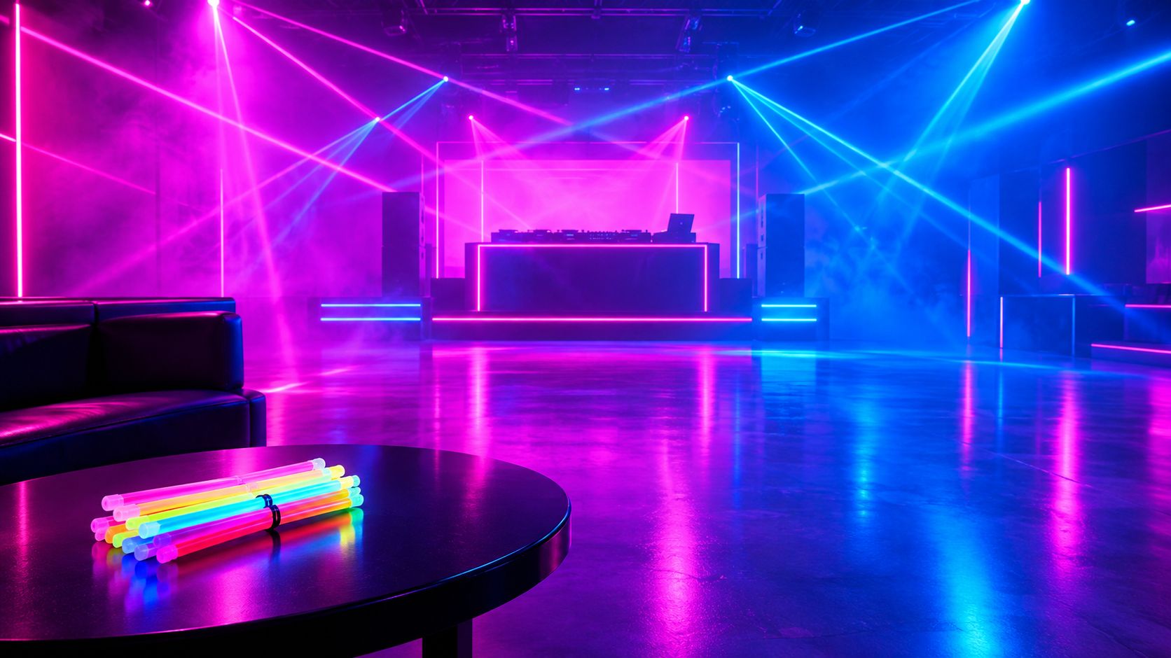 A modern nightclub dance floor with vibrant neon laser lighting, a DJ booth, and colorful glow sticks.
