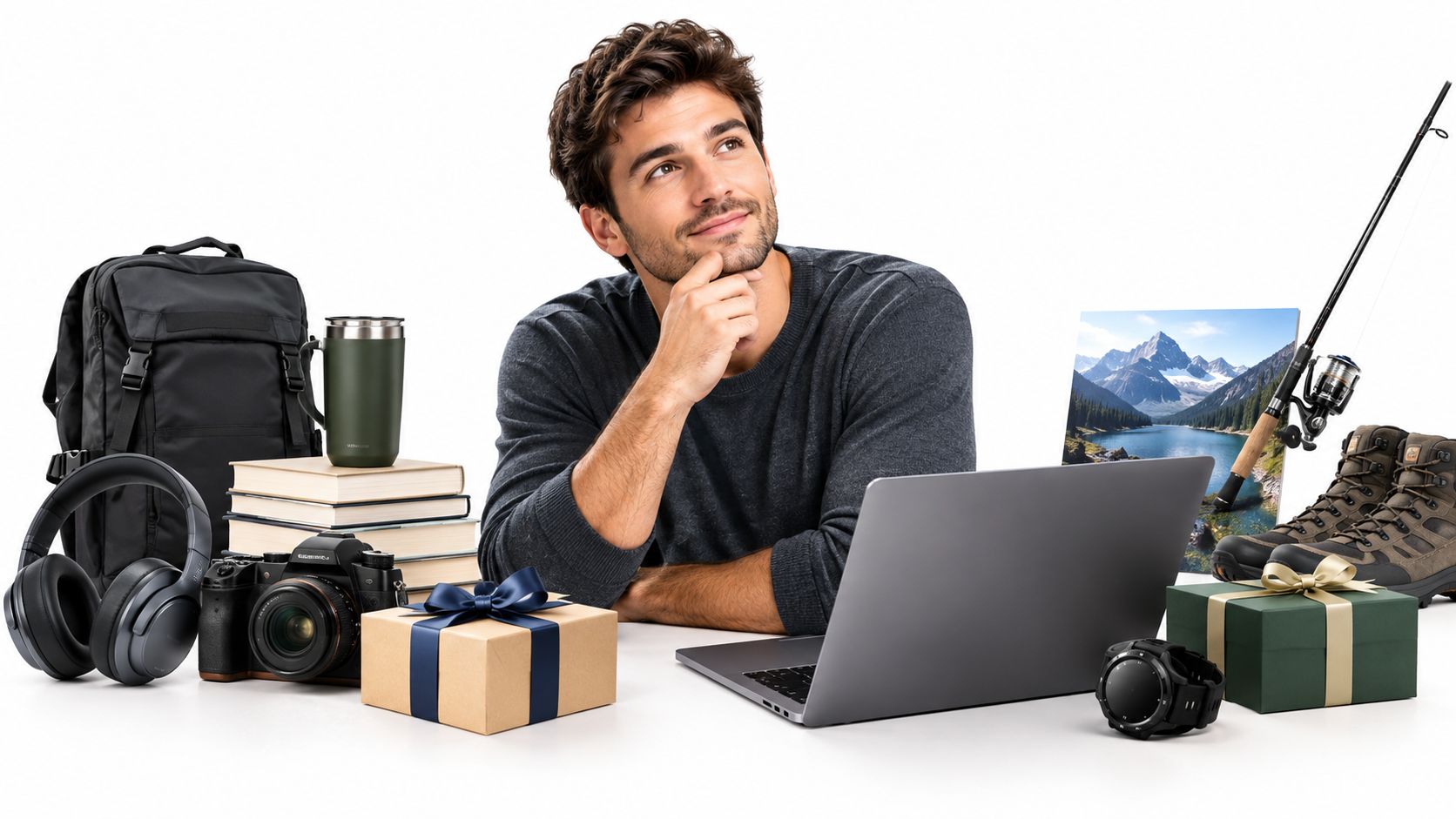 A thoughtful man sitting at a desk surrounded by various gift items for men including electronics.
