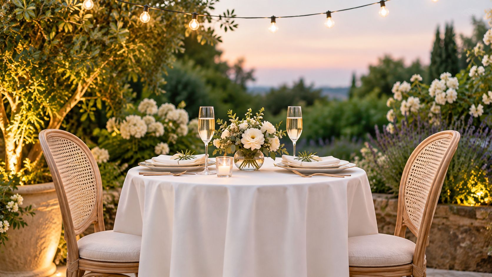 An elegant outdoor dining table set for two with flowers and champagne at sunset in a garden.