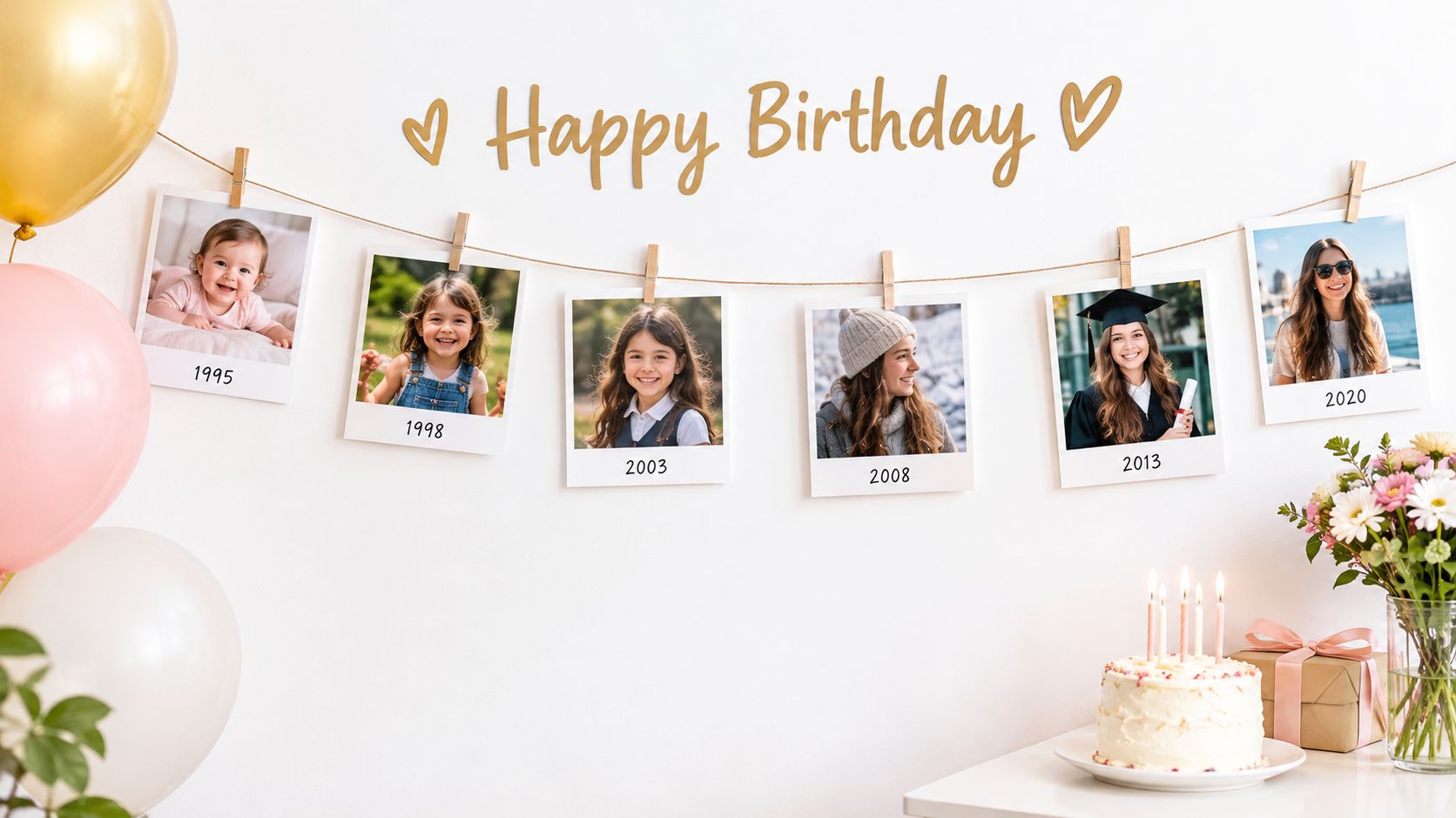 A birthday party wall decoration featuring hanging polaroid photos showing a person growing up through the years.