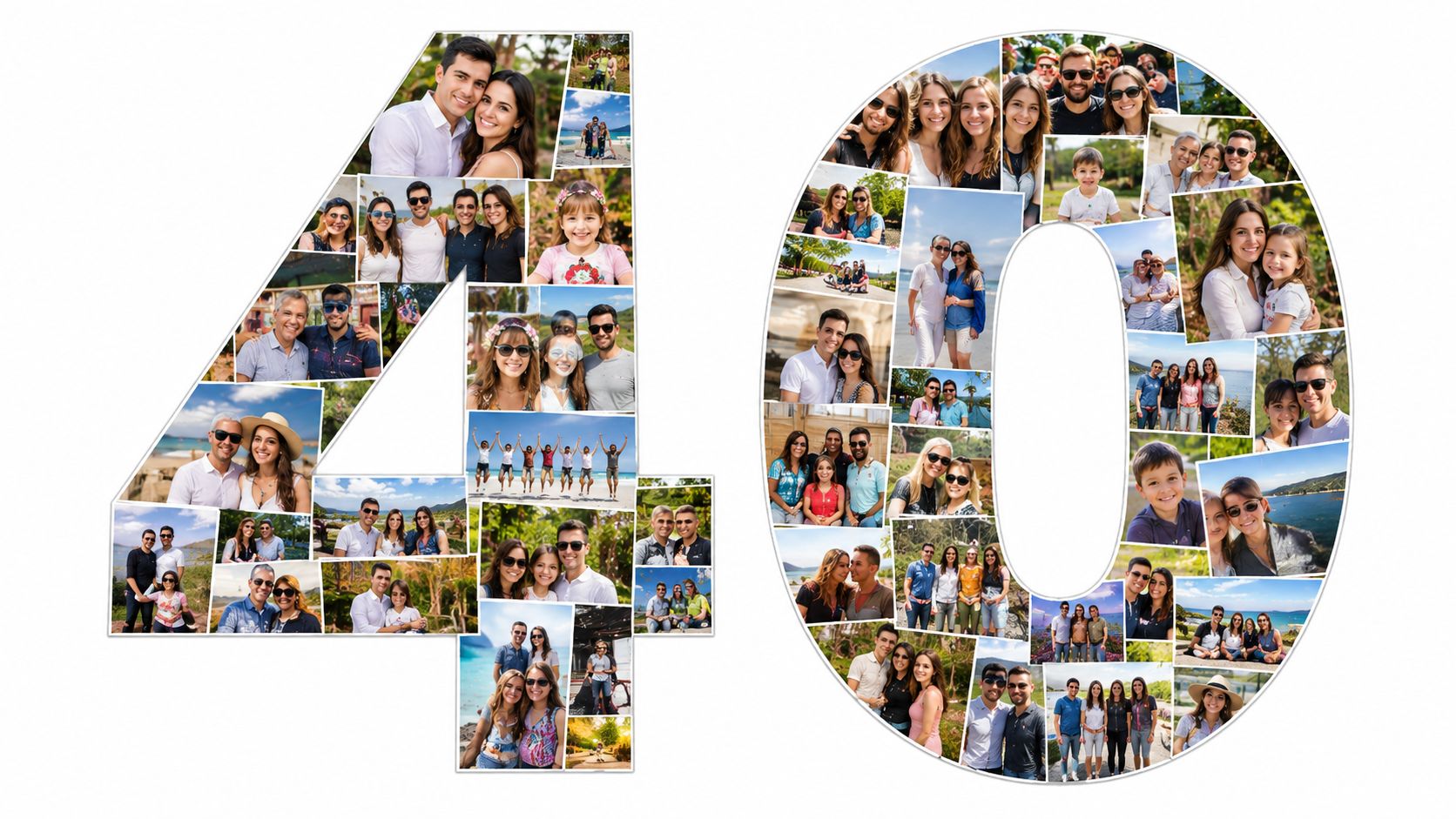 A large number 40 shaped photo collage featuring many portraits and group photos of people celebrating milestones.