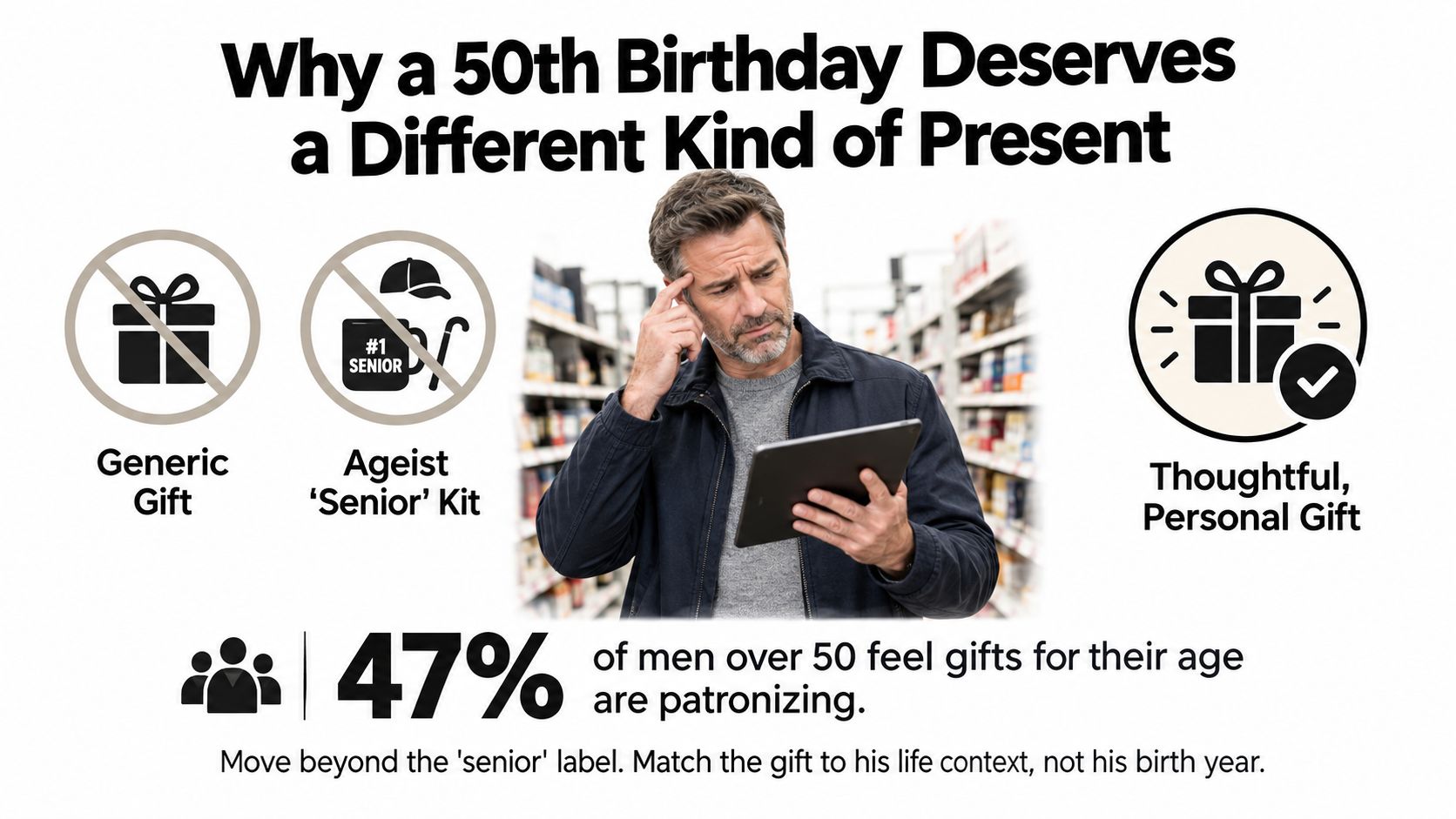 An infographic suggesting thoughtful, personal gifts for a 50th birthday instead of ageist or generic presents.