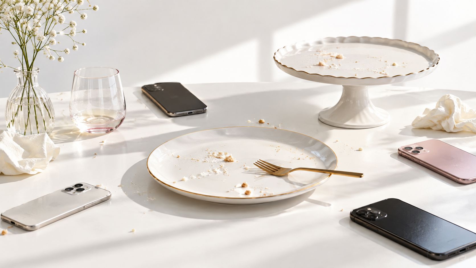 A table with a dirty plate, silverware, a cake stand, a vase with flowers, and multiple smartphones.