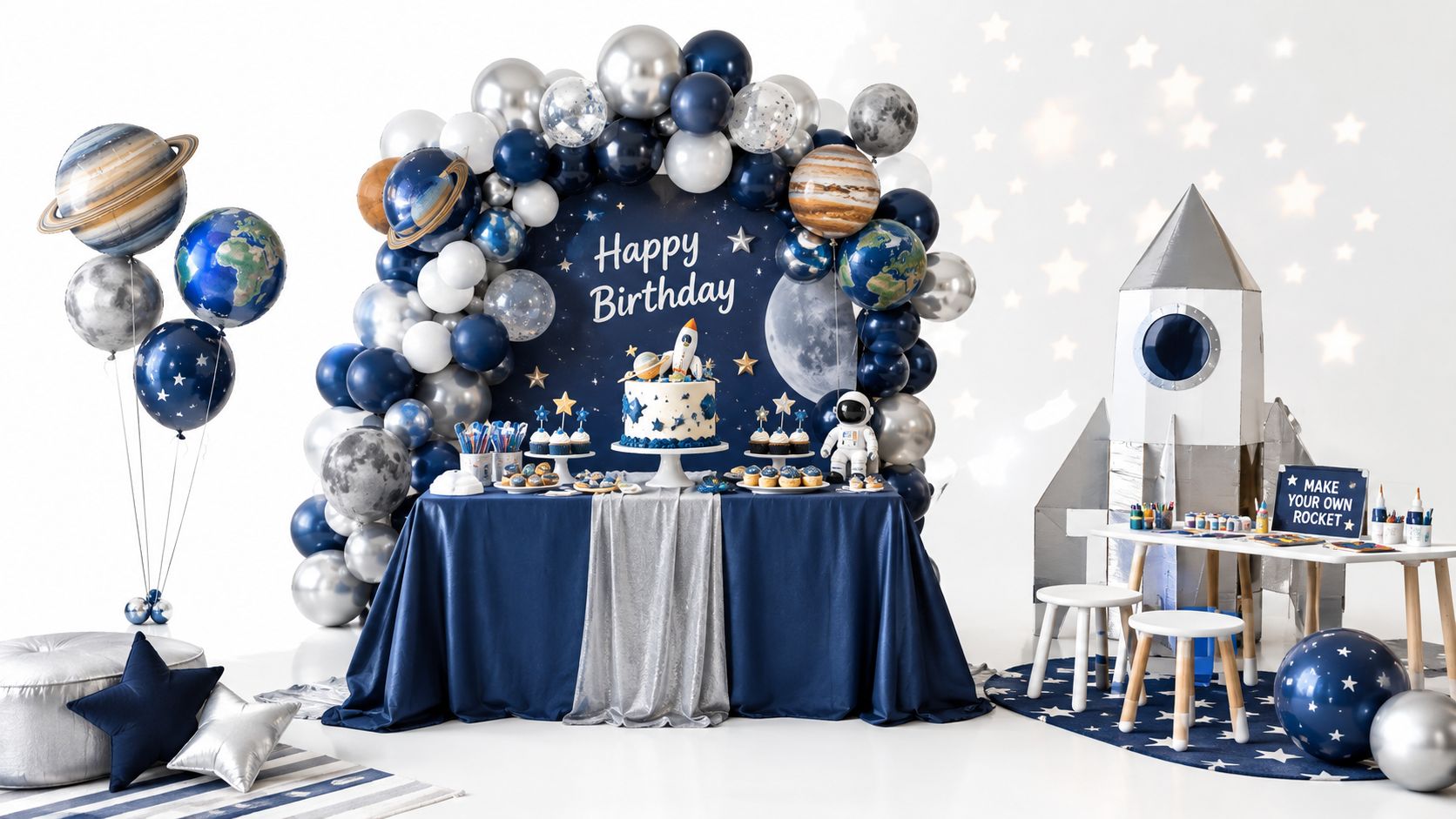 A space-themed party setup with a birthday cake, rocket ship prop, and planet-patterned balloon arch backdrop.
