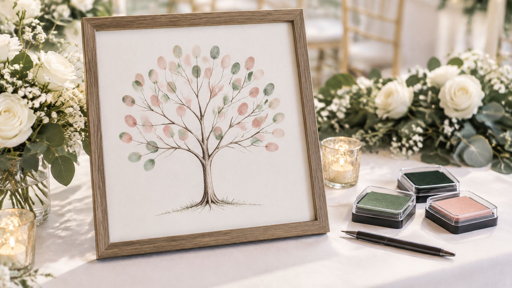 A framed fingerprint wedding guest book tree with ink pads and a pen on a table.