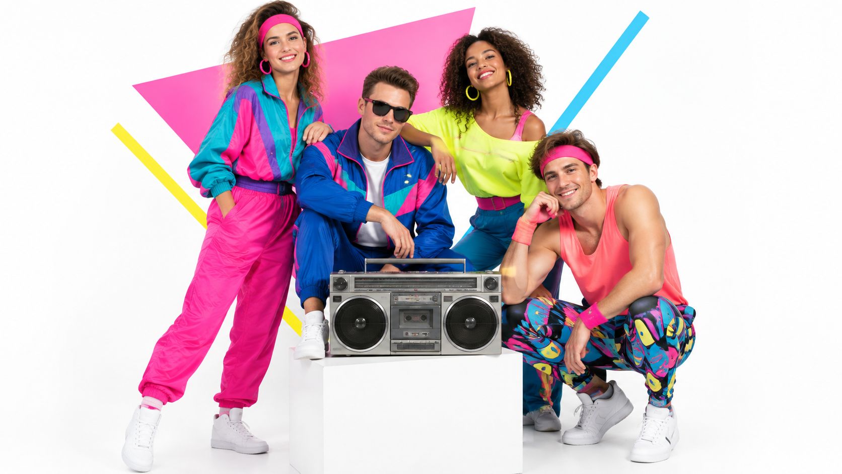 A group of friends in 1980s colorful retro workout clothes posing with a vintage boombox.