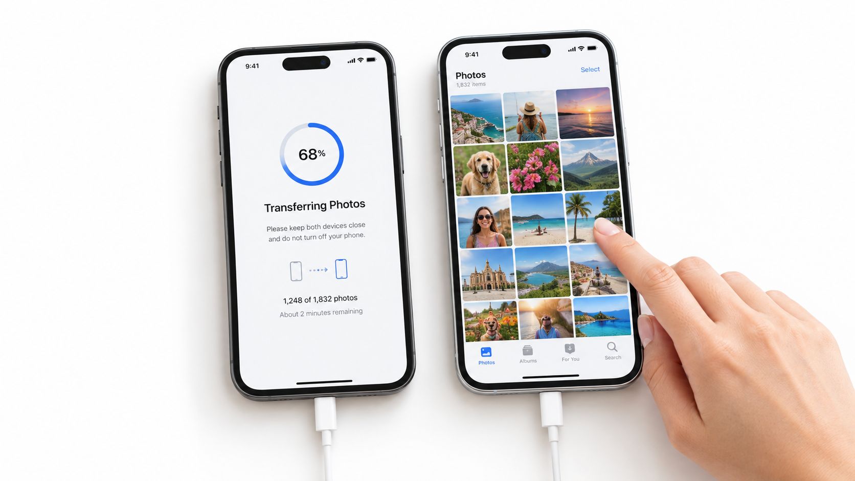 Two smartphones side by side transferring photos, with a hand touching the screen of the second device.