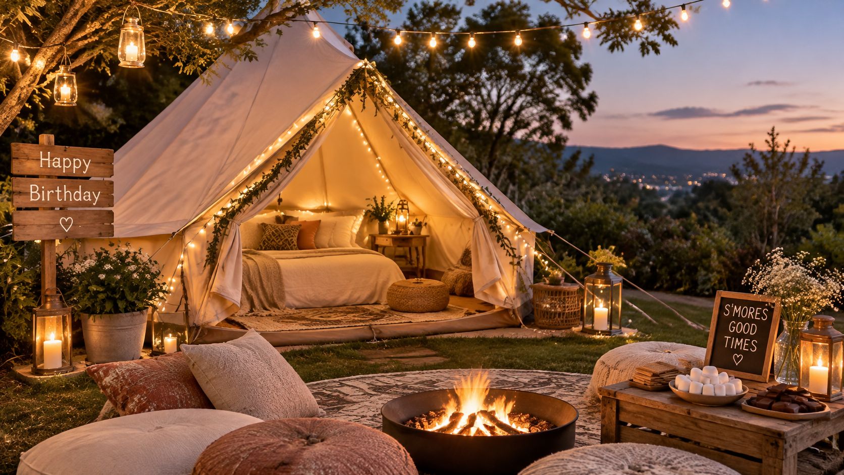 A cozy outdoor bell tent decorated for a birthday celebration with fairy lights, a bonfire, and s'mores.