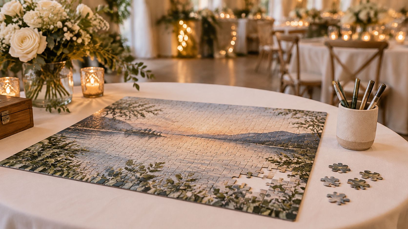 A partially completed landscape puzzle sits on a round white table at a wedding reception.