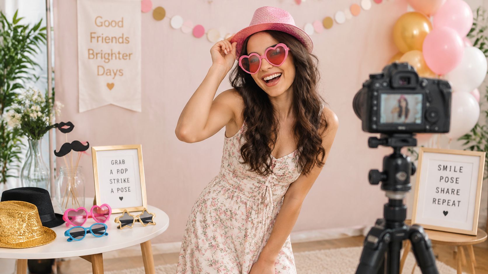 A happy woman wearing a pink hat and heart-shaped glasses vlogging for a party photo booth.