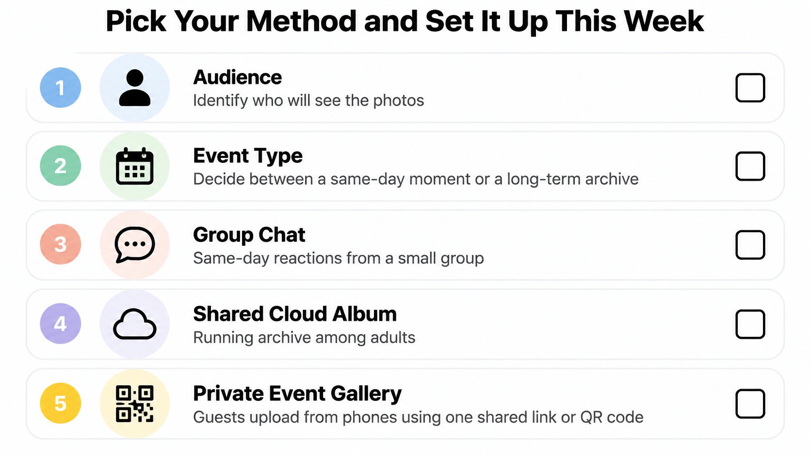 A checklist infographic titled Pick Your Method and Set It Up This Week for organizing photo sharing.