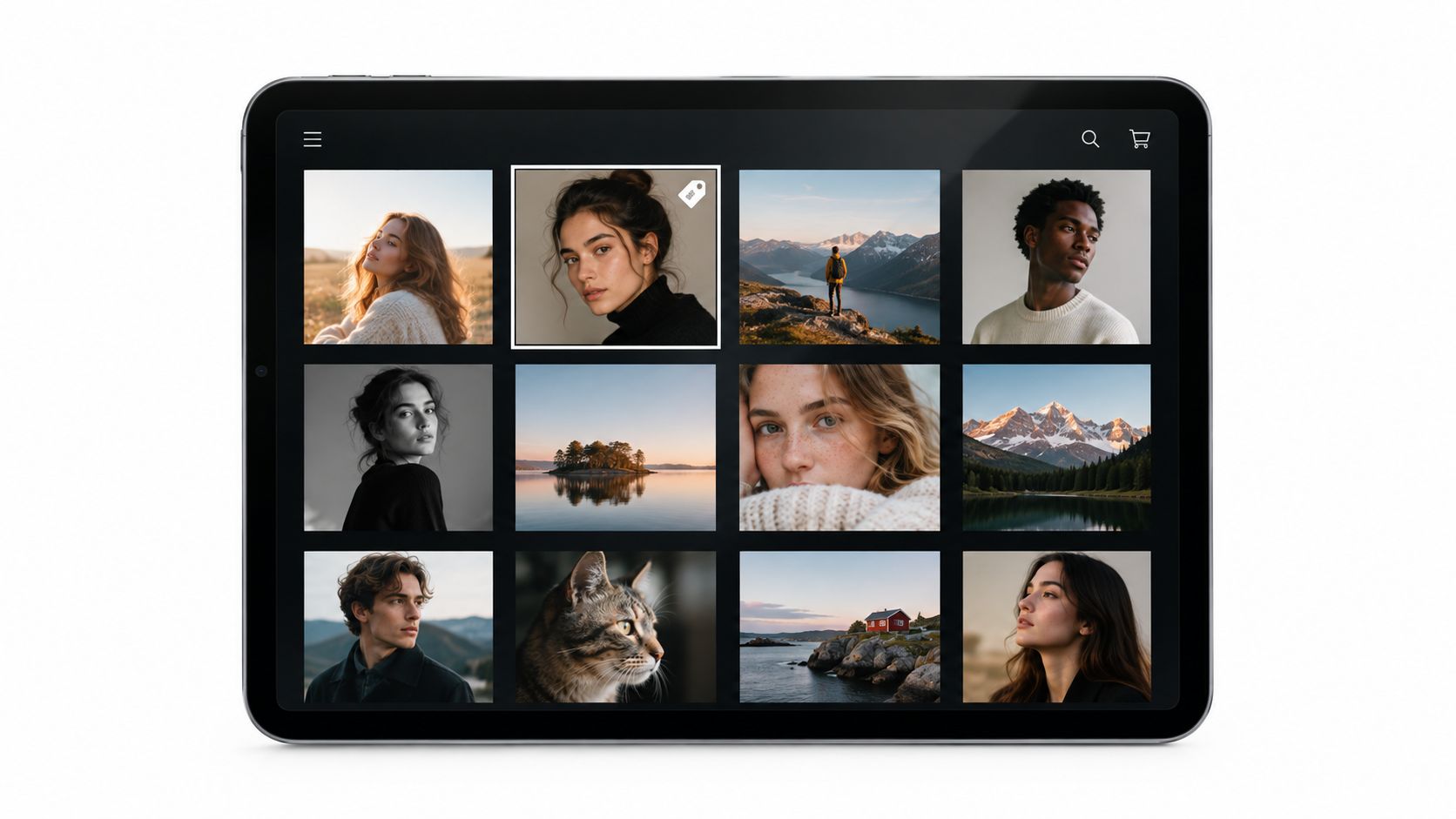 A digital tablet screen displaying a clean photo gallery grid with diverse portrait and landscape images.