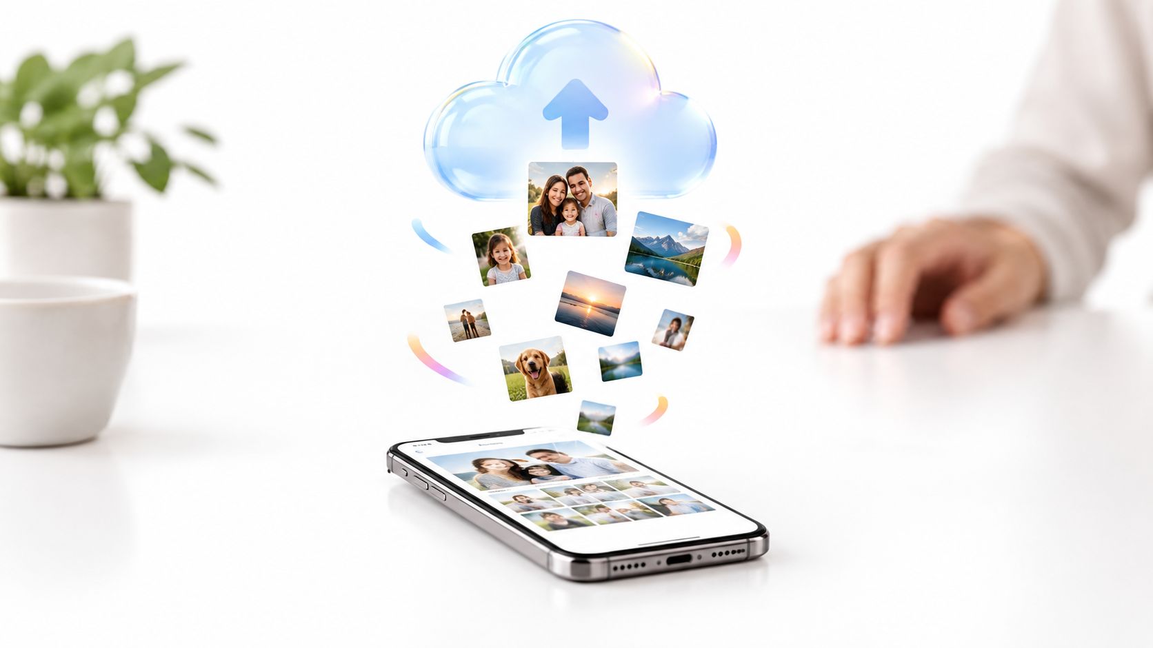 A smartphone on a table uploading personal photos to a cloud storage service concept.