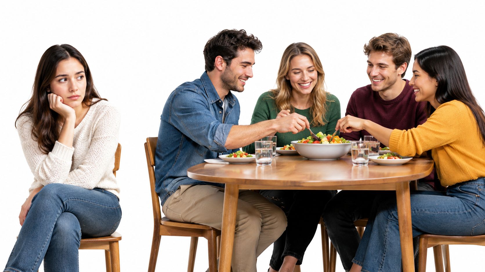 A lonely woman sitting apart while three friends enjoy eating a fresh salad together at a table.