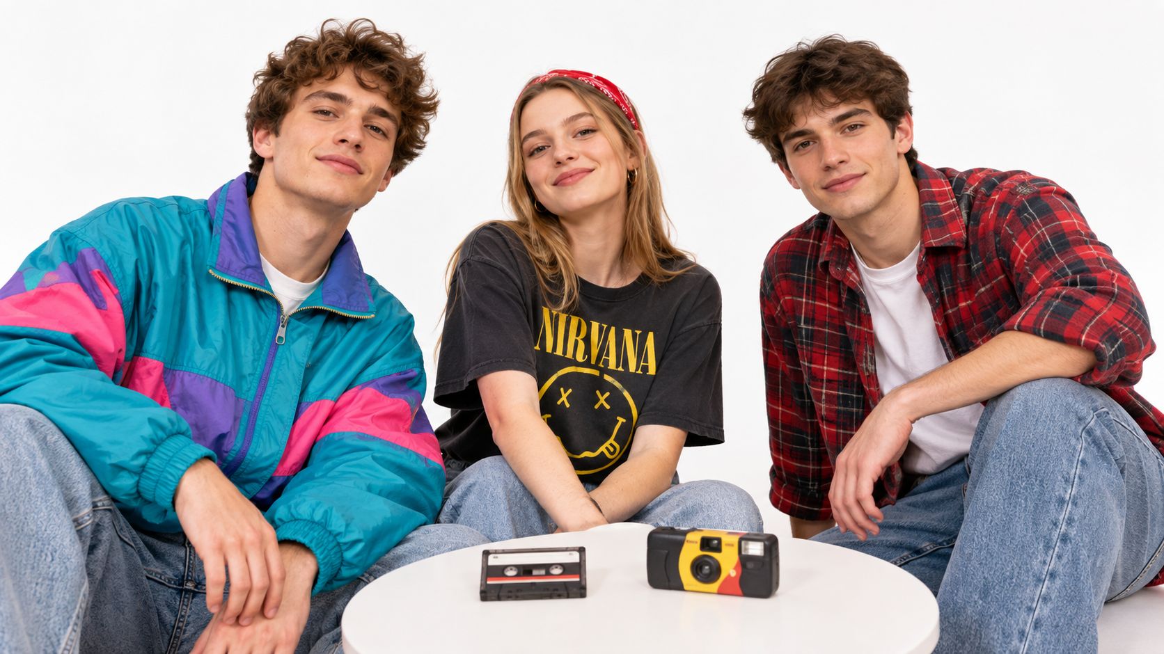 Three young friends posing together in nineties-style clothing behind a small table with a camera and cassette.