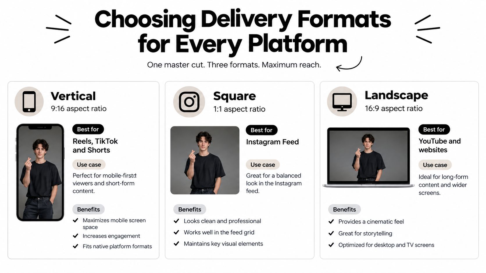 An infographic showing three video aspect ratios: vertical, square, and landscape for different social media platforms.