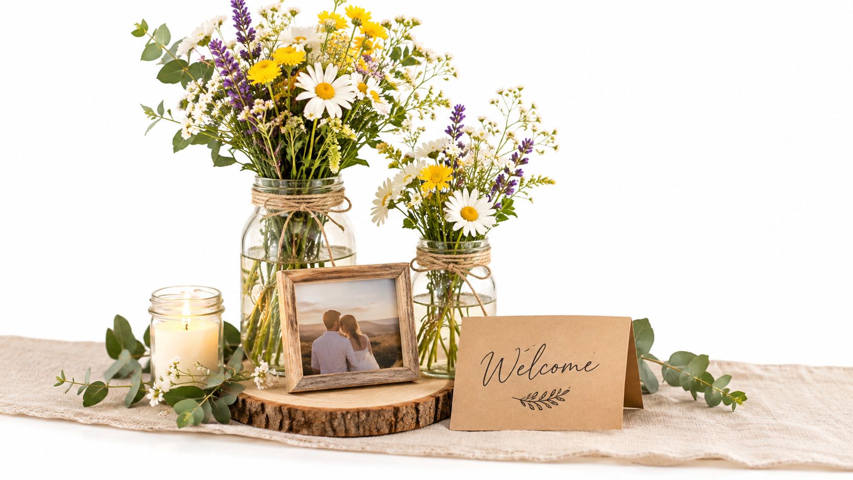A rustic wedding table centerpiece featuring wildflowers in mason jars, a framed photo, and a welcome sign.