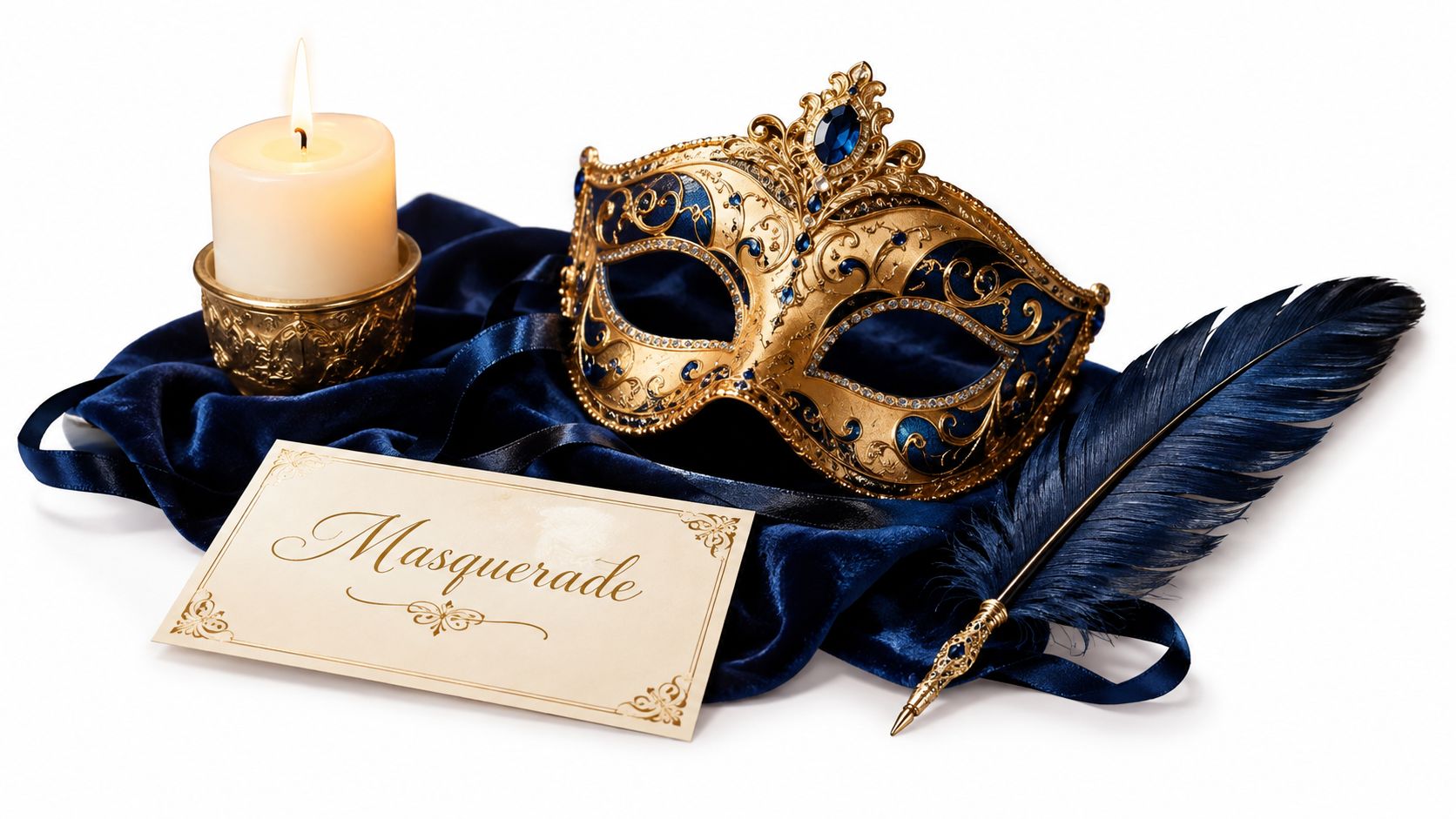 An elegant masquerade party invitation with a gold mask, blue quill, and candle on velvet fabric.