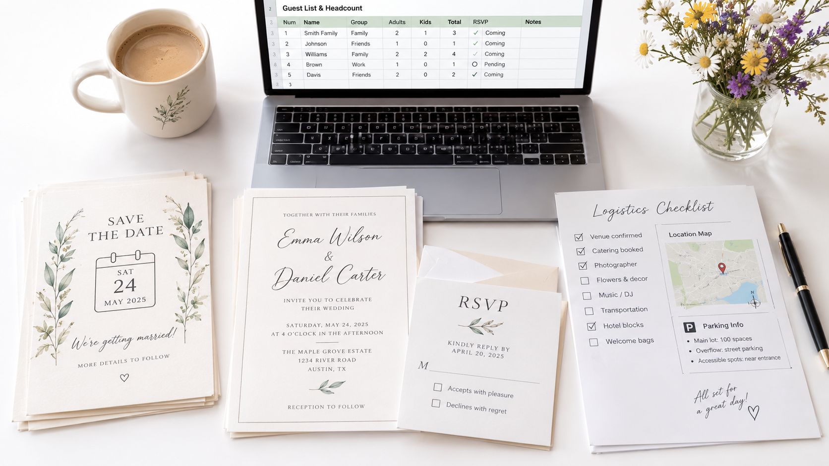 Wedding planning materials including a laptop, save the date cards, invitations, RSVP cards, and a logistics checklist.