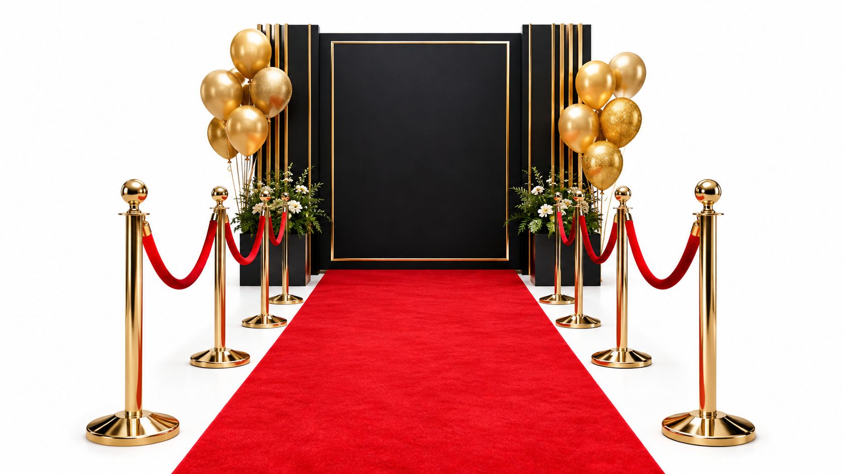 A glamorous red carpet entrance with gold stanchions and balloons, perfect for a luxury event or party.