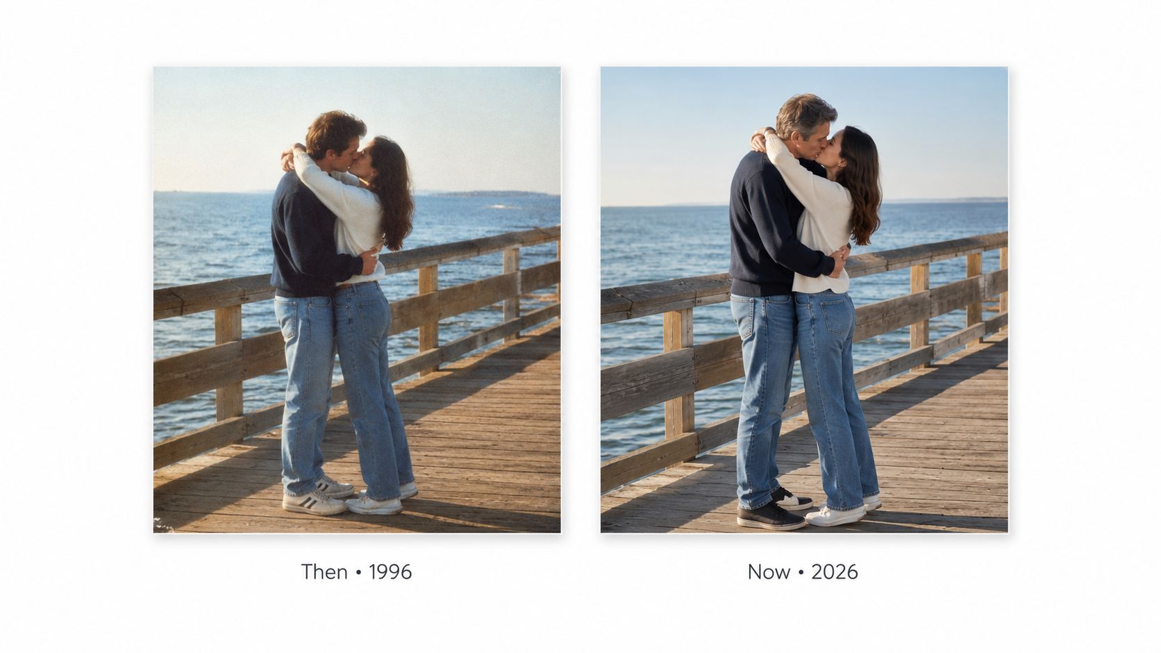 A couple recreating a romantic kiss on a wooden pier, comparing a photo from 1996 and 2026.