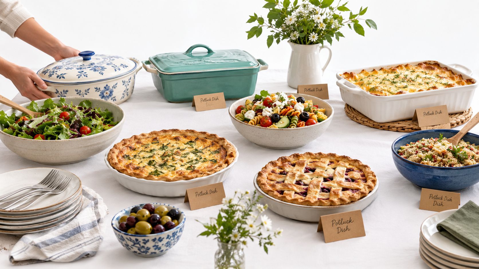 A festive potluck dinner table spread with a variety of delicious home-cooked dishes and salad bowls.