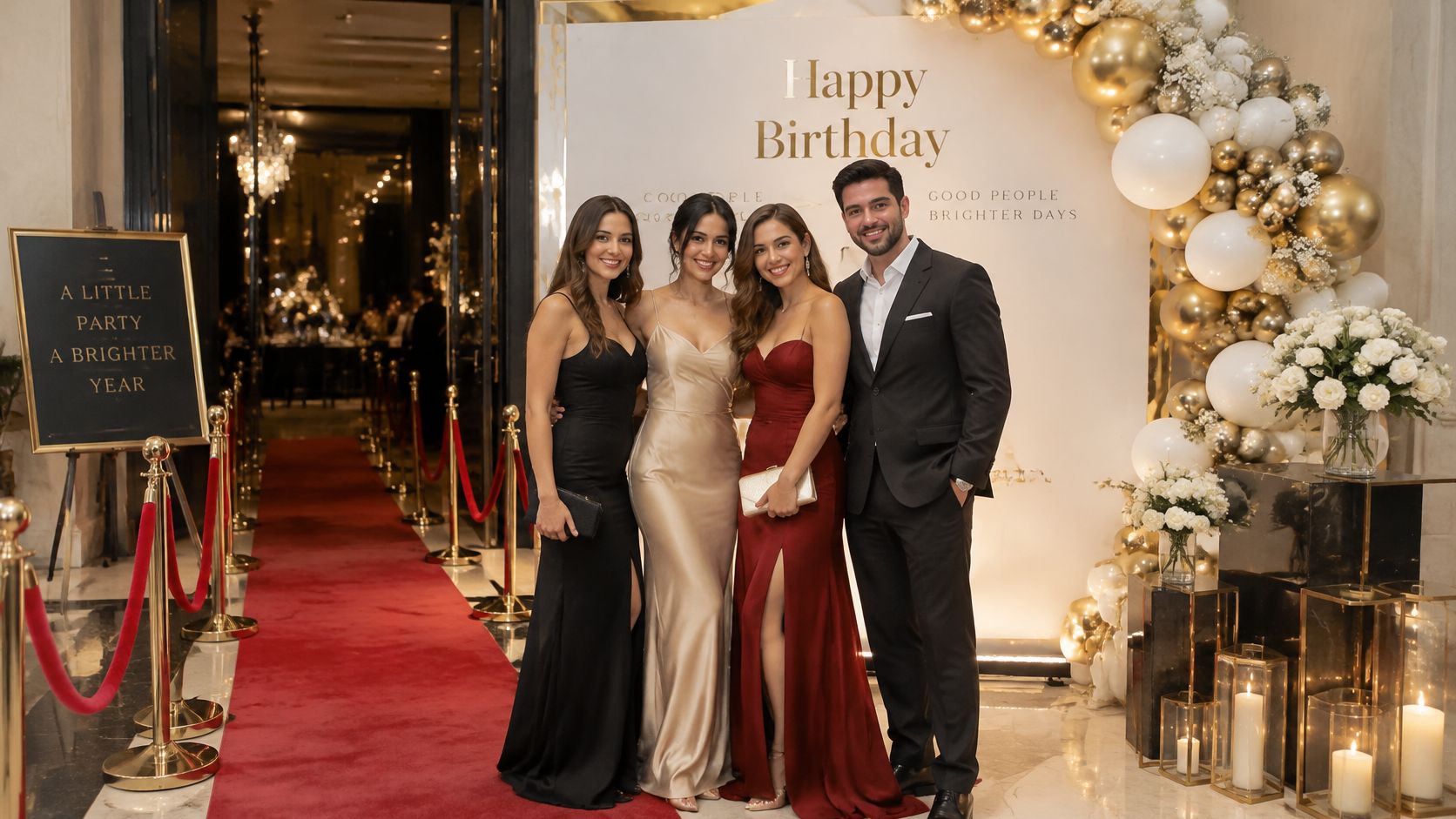 A group of four people dressed in formal attire posing for a photo at a glamorous party.