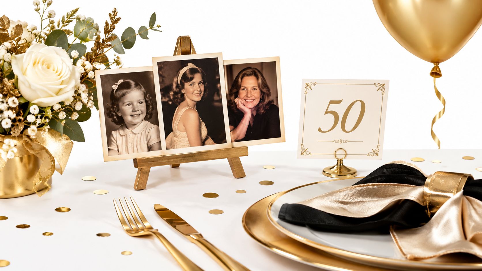 A sophisticated table setting for a 50th birthday celebration featuring framed photos and elegant gold decor.