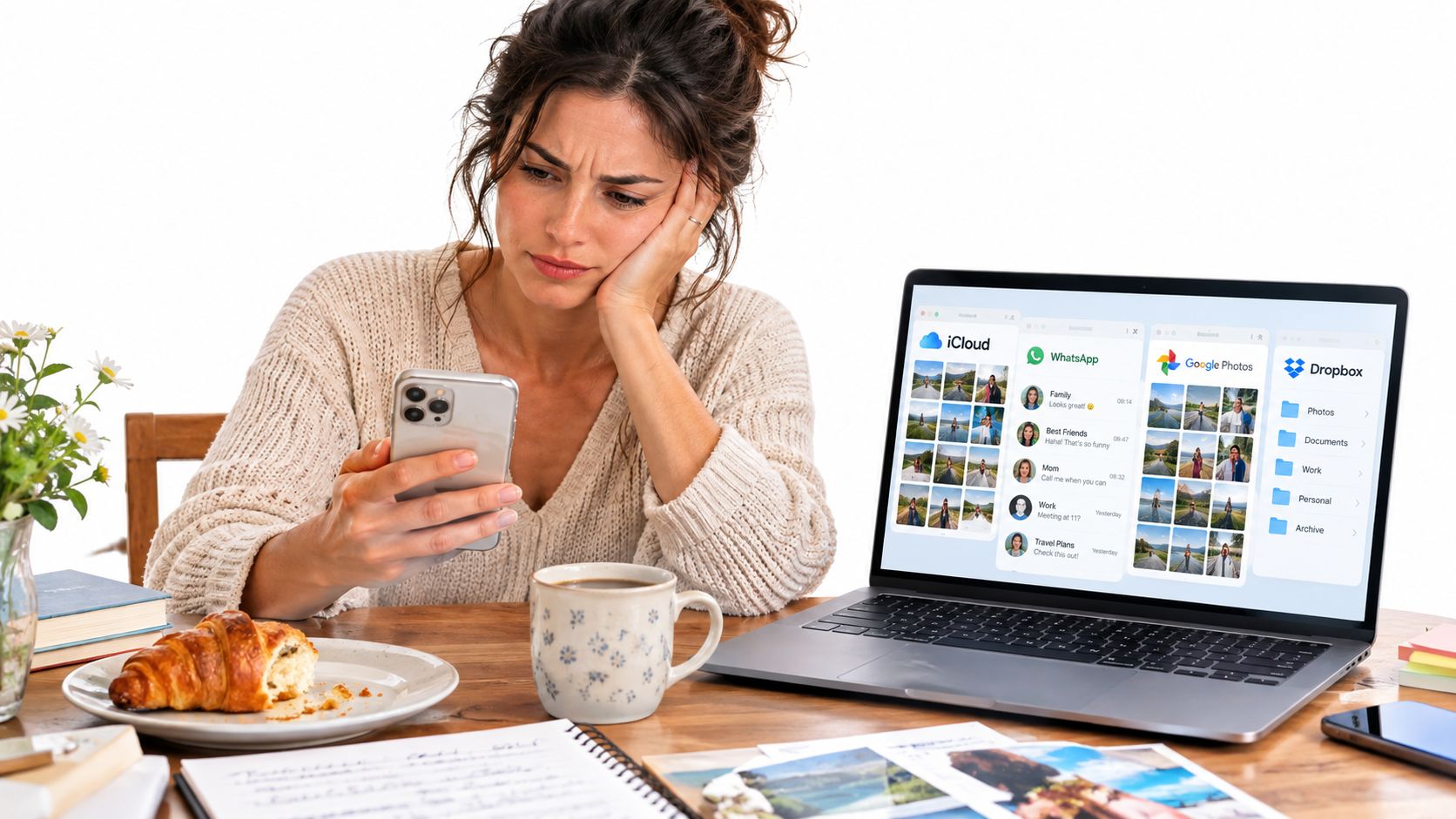 A woman looks stressed while managing digital photos and documents across multiple cloud storage and messaging platforms.